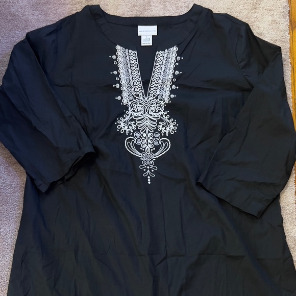 Women's Tunic Top Large Black and White | 100% Cotton | Three Quarter Sleeves - Picture 2 of 5